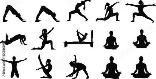 yoga, Pilates, silhouette, pose, stretching, balance, strength, flexibility, reformer, meditation, exercise, fitness, posture, wellness, movement