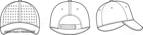 Baseball cap technical drawing front back side view vector illustration, snapback hat design outline, fashion accessory mockup template isolated