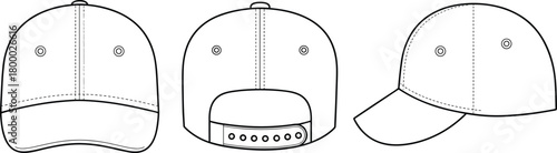 Baseball cap technical drawing front back side view vector illustration, snapback hat design outline, fashion accessory mockup template isolated