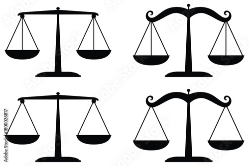 Scales of Justice Icon Set – Legal Balance, Law Symbols, Silhouette & Outline Vector 
Collection
