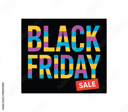 flat vector banner BLACK FRIDAY rainbowreflective stripes (CMYK vibe) masked through big letters black field small red tag SALE colorful yet clean