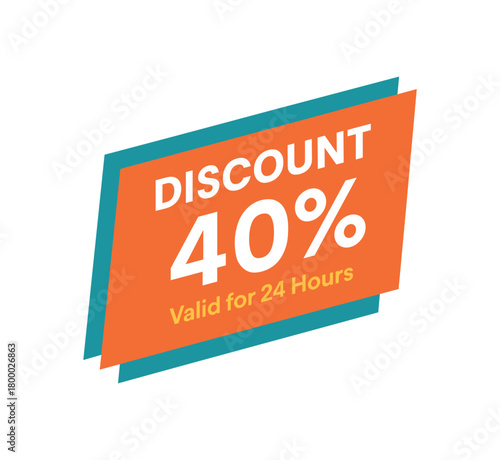 Flat vector banner design text DISCOUNT 40% subtitle Valid for 24 Hours geometric diagonal with teal edges
