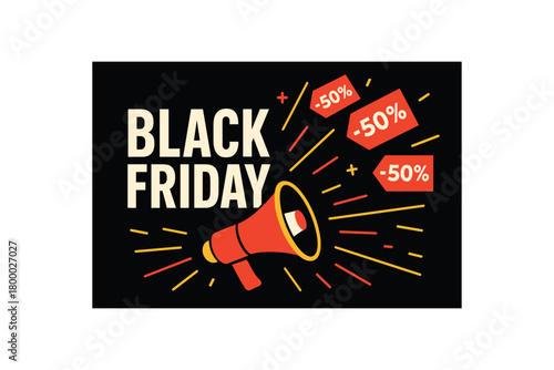 flat vector banner BLACK FRIDAY megaphone icon shouting small discount tags motion lines headline bold left graphic marketing style bright color accents on deep black
