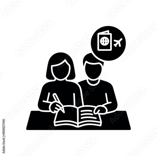 couple journaling travel memories flat black solid vector illustration isolated on white background