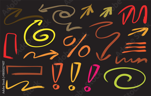 Colorful hand drawn arrows swirls and scribbles against a black background