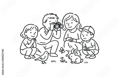 handdrawn cute doodle style family observing wildlife quietly vector line illustration