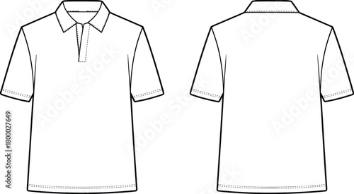 Blank polo shirt fashion flat sketch front and back view, short sleeve technical drawing template, apparel design outline for clothing mockup illustration