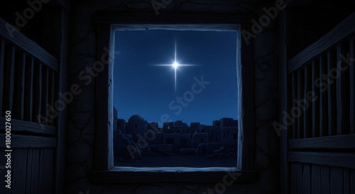star of bethlehem shines brightly in night sky over ancient city, viewed from rustic stable. biblical nativity scene. christian christmas story. greeting card, banner.