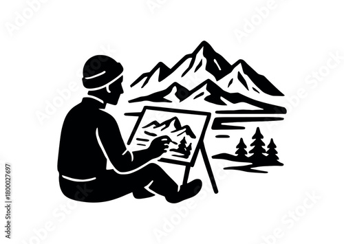 person sketching mountain panorama flat black solid vector illustration isolated on white background