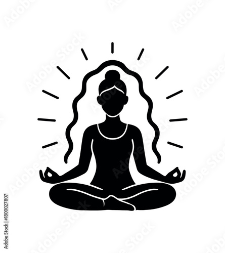 woman meditating with glowing aura flat black solid vector illustration isolated on white background