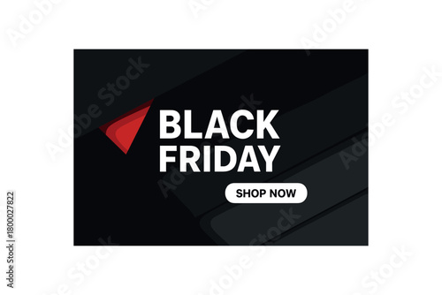 flat vector banner BLACK FRIDAY layered diagonal panels (black/gray) with red accent notch headline left white CTA bar right corporate tech design