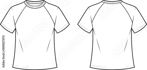 Blank white raglan t-shirt front and back technical drawing, vector fashion flat sketch template, short sleeve apparel design outline illustration