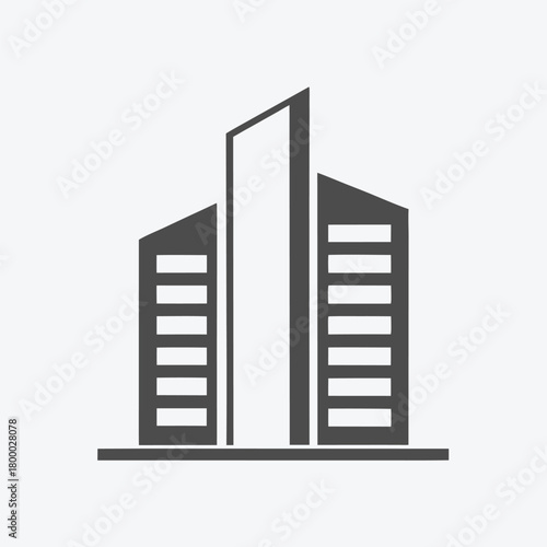 Gray high rise buildings showcase modern architecture and linear window arrangements against a white background