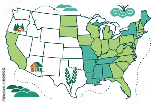 “Midwest travel map with farmland and lake icons, soft vector”