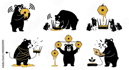 Black bear and cub using honeycombs as Wi-Fi routers and antennas, bears connecting to internet, concept of connectivity, technology, and nature working together