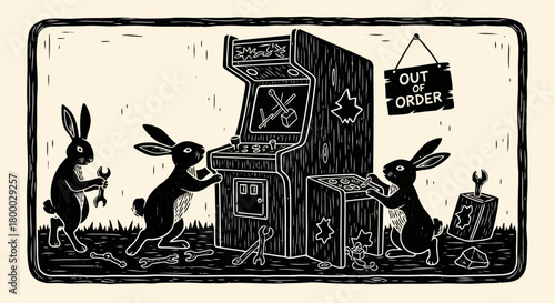 Three rabbits attempting to repair an 'out of order' arcade game machine using wrenches, depicted in a detailed woodcut style artwork with tools scattered around