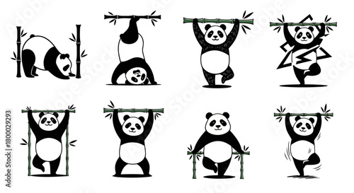 A comprehensive set of eight vector illustrations showcasing pandas in various playful and active poses with bamboo plants in a striking black and white style