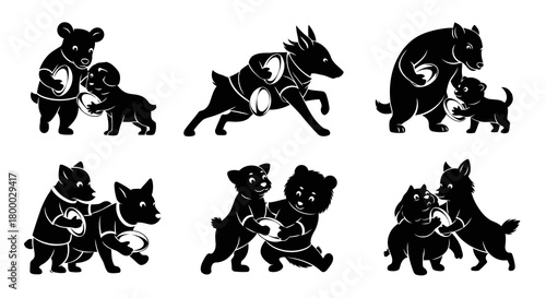 A delightful collection of animal illustrations featuring various combinations of bears, dogs, and foxes playing rugby with a white striped ball in different poses