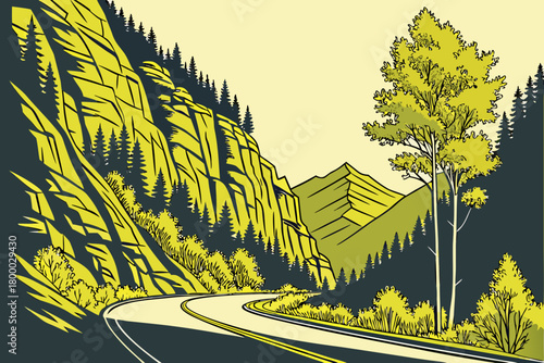 “Million Dollar Highway in Colorado with cliffs and aspens, bold vector”