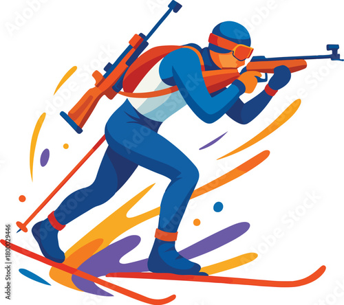 Biathlete aiming rifle while skiing with colorful abstract shapes