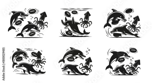 A playful collection of black and white illustrations featuring dolphins and squids interacting with rugby balls in various underwater scenes, highlighting aquatic fun