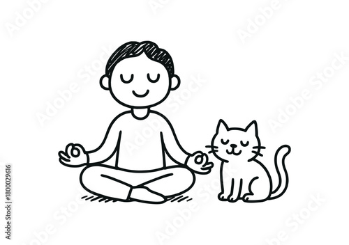 handdrawn cute doodle style person meditating with cat nearby vector line illustration