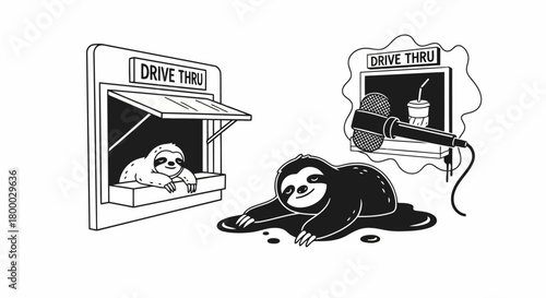 Drive thru sloths humorous black and white cartoon vector illustration isolated on white background depicting slow service at fast food restaurant