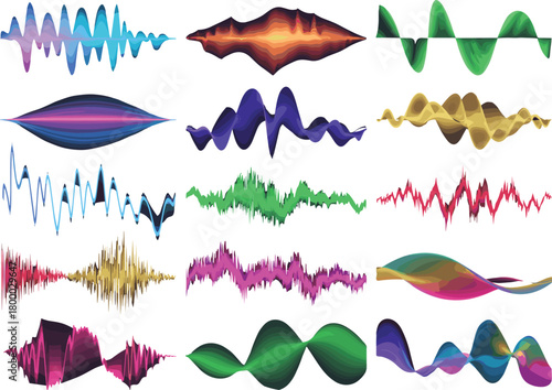 Colorful abstract sound wave visualization set, glowing neon waveform collection, digital audio frequency spectrum background, modern equalizer pulse design, music energy art