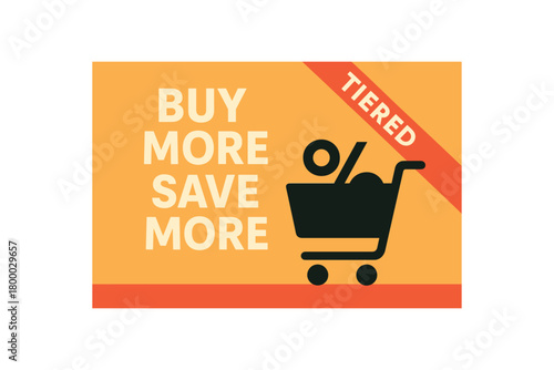 flat vector banner with text BUY MORE SAVE MORE shopping trolley silhouette filled with big % stacked headline red corner ribbon TIERED
