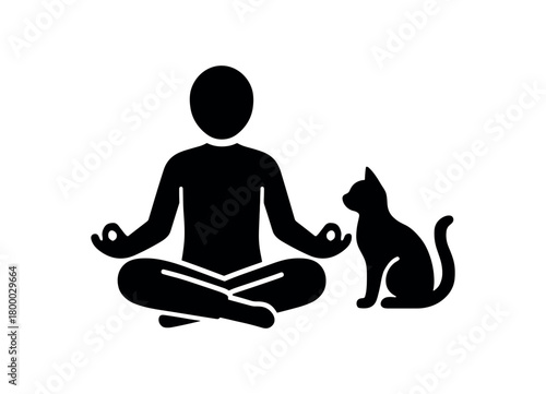 person meditating with cat nearby flat black solid vector illustration isolated on white background