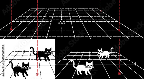 Cats in a digital grid environment black and white vector illustration set with perspective and glowing elements
