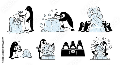 Penguin ice sculpting black and white cartoon vector illustration set showing various stages and a finished fish sculpture