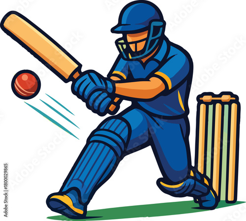 Blue cricket player batting red ball near wickets sport