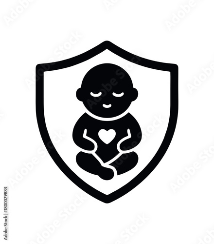 safe for newborn symbol with baby outline and heart flat black solid vector illustration isolated on white background