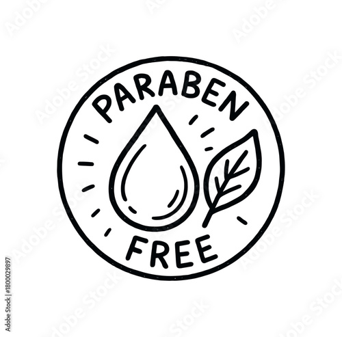 handdrawn cute doodle style parabenfree emblem with clean droplet and leaf vector line illustration