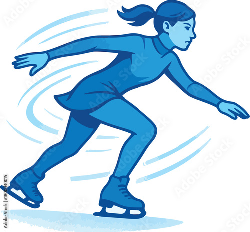 Blue figure skater in motion on ice skating winter sport