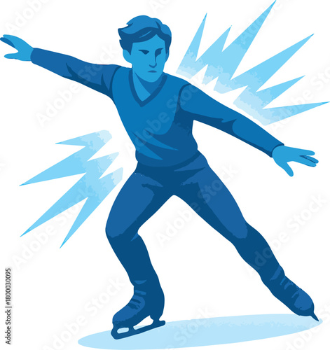 Blue figure skater in motion with ice shards ice skating