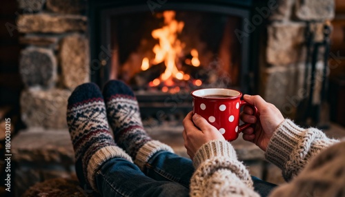 Person relaxing with a hot drink by a cozy fireplace. Woman in warm socks enjoying a tranquil winter evening at home. Hygge lifestyle concept