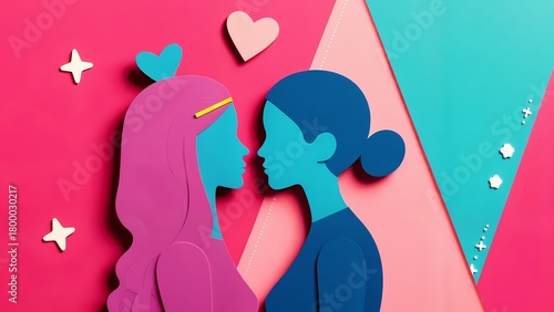 Two paper cutouts of a girl and a woman facing each other on a pink wall.