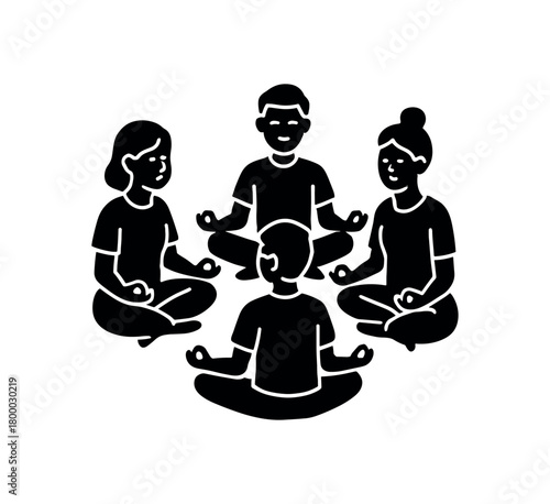 meditating circle flat black solid vector illustration isolated on white background