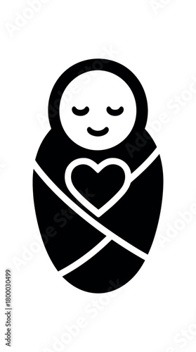 baby comfort care symbol with blanket and heart flat black solid vector illustration isolated on white background