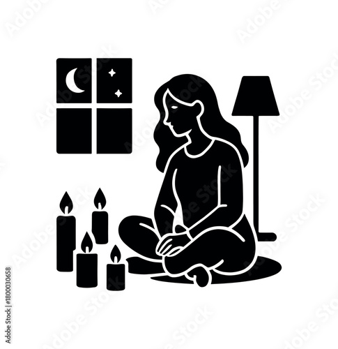 woman sitting with lit candles evening flat black solid vector illustration isolated on white background