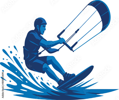 Blue kite surfer riding a board on water splashes kite surfing