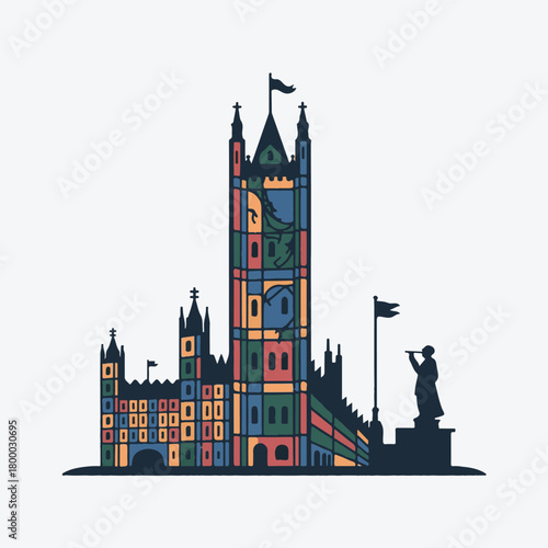 Colorful Abstract Westminster Palace Vector. Stylized London Landmark Illustration with Elizabeth Tower (Big Ben) and Statue Silhouette.