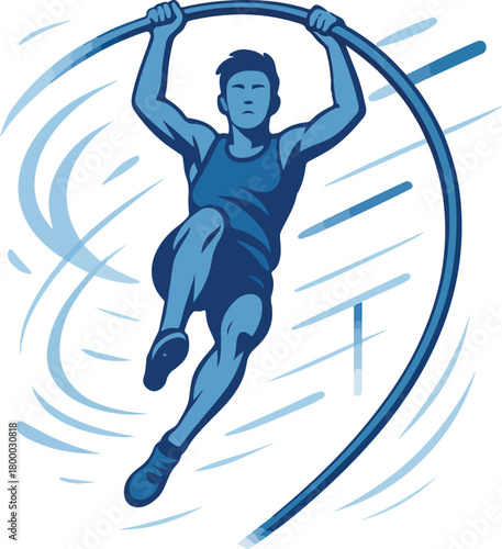Blue male athlete pole vaulting with motion lines sport