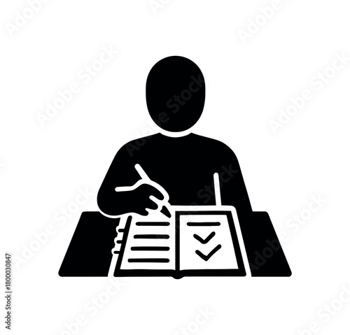 person journaling affirmations flat black solid vector illustration isolated on white background