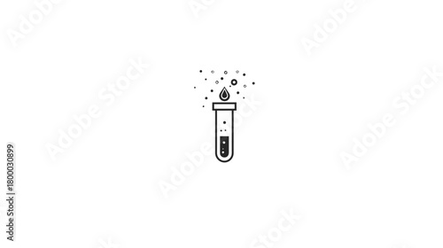 Chemistry Test Tube Experiment Icon with Falling Drop and Bubbles, Science Laboratory Research Outline Symbol