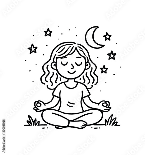 handdrawn cute doodle style woman meditating under moonlight vector line illustration