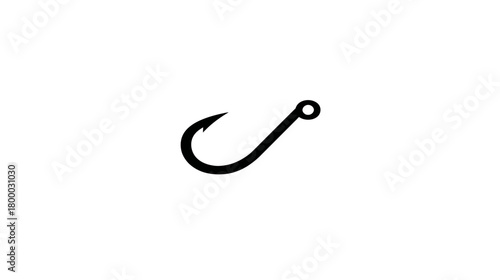 Minimalist black fishing hook line art illustration, isolated on a clean white background. Simple fishing tackle icon for design.