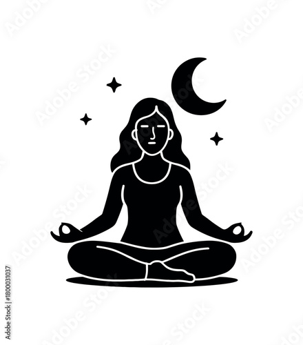woman meditating under moonlight flat black solid vector illustration isolated on white background
